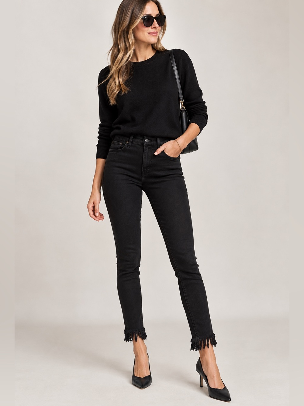 Frame Denim Le High Black Jeans with Frayed Ankles